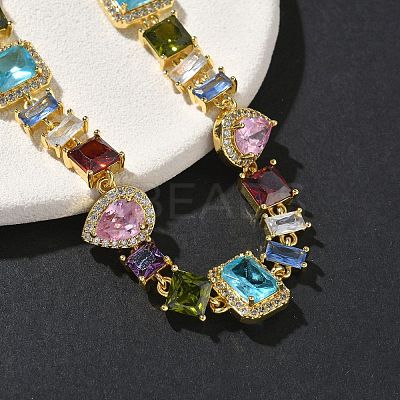 Brass Micro Pave Colorful Cubic Zirconia Rectangle & Square & Teardrop Link Chain Bracelets for Women BJEW-G764-07G-1