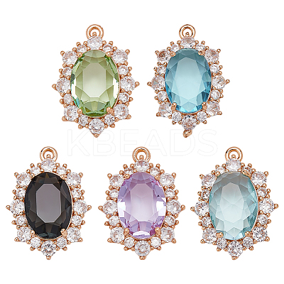 5Pcs 5 Colors Brass Glass Clear Cubic Zirconia Pendants KK-WR0001-66-1