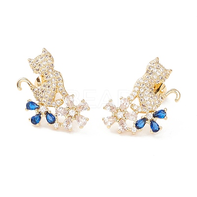 Cat and Flower Cubic Zirconia Stud Earrings EJEW-I263-02G-1