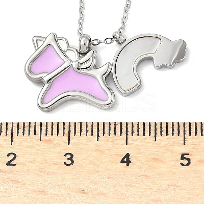 304 Stainless Steel Pearl Pink Enamel & Natural White Shell Pendant Unicorn Rainbow Pendant Necklaces for Women NJEW-M101-02P-1