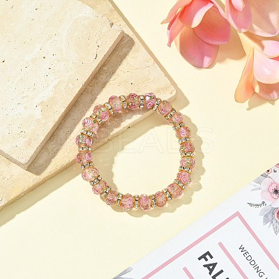 Faceted Rondelle Handmade Inner Flower Gold Sand Lampwork & Iron Beaded Stretch Bracelets for Women BJEW-SW001579-05-1