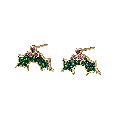 Holly Leaf Brass Micro Pave Cubic Zirconia Stud Earrings EJEW-B149-02G-1