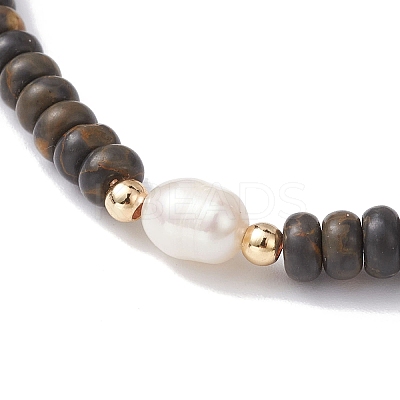 Natural Coffee Jasper Rondelle & Pearl Beaded Stretch Bracelets BJEW-JB09918-02-1
