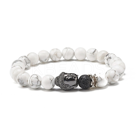 Natural Howlite & Lava Rock Round Beads Energy Power Stretch Bracelet for Men Women BJEW-JB07037-02-1