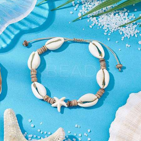 Ocean Theme Adjustable Cowrie Shell & Coconut Braided Bead Bracelets BJEW-JB11461-01-1