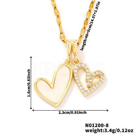 Shiny Brass Clear Cubic Zirconia Double Heart Pendant Dapped Chain Necklaces for Women RU1359-2-1