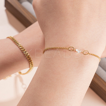 2Pcs 2 Styles Dainty 201 Stainless Steel & Rhinestone Link Chain Bracelets FS-WG7E83D-01-1