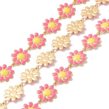 304 Stainless Steel Daisy Flower Link Chains with Enamel AJEW-J035-03G-14-1