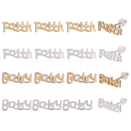 16Pcs 4 Style Brass Word Faith & Baby Stud Earrings for Women KK-CA0002-44-1