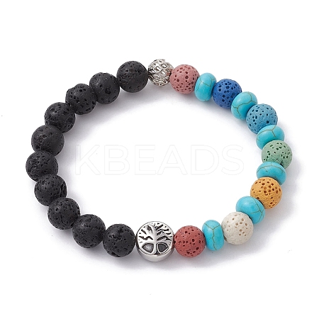 Natural Lava Rock & Synthetic Turquoise Beaded Stretch Bracelets BJEW-JB09985-02-1