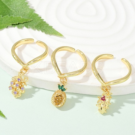 Fruit Theme Brass Micro Pave Cubic Zirconia Open Cuff Rings for Women RJEW-U057-07G-1