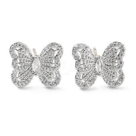 Butterfly Rack Plating Brass Micro Pave Clear Cubic Zirconia Stud Earrings for Women KK-Z038-17P-1
