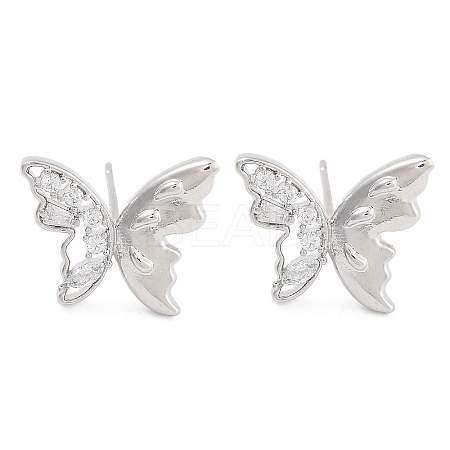 Butterfly Brass Pave Clear Cubic Zirconia Stud Earrings for Women EJEW-S216-03P-1