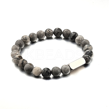 Natural Map Stone Round Beaded Stretch Bracelet PW-WG80752-03-1