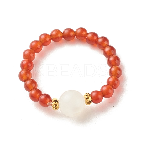 Natural Carnelian Round Beaded Stretch Ring with Moonstone RJEW-JR00440-01-1