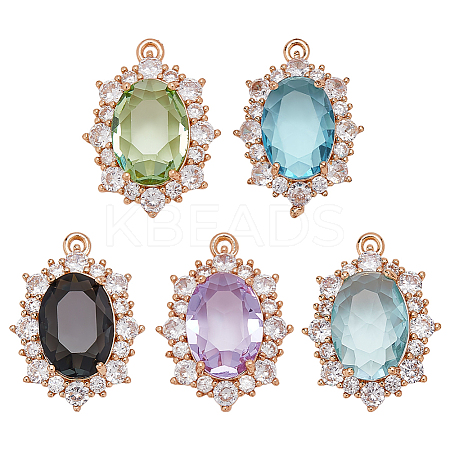 5Pcs 5 Colors Brass Glass Clear Cubic Zirconia Pendants KK-WR0001-66-1