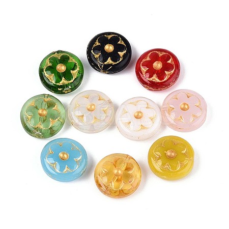 Flat Round with Flower Glass Beads GLAA-T025-59M-1
