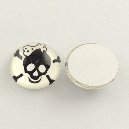 Skull and Crossbones Pattern Printed Glass Half Round Cabochons GGLA-Q032-25mm-02E-1