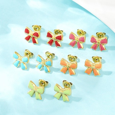 304 Stainless Steel Enamel Bowknot Stud Earrings EJEW-K268-17G-1