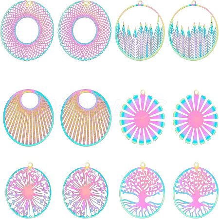 24Pcs 6 Style Ion Plating(IP) 201 Stainless Steel Filigree Pendants STAS-UN0033-12-1