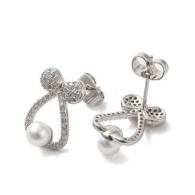 Bowknot Brass Micro Pave Clear Cubic Zirconia Stud Earrings EJEW-A040-01P-1