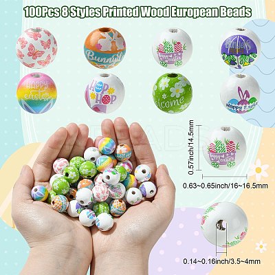 100Pcs 8 Styles Printed Wood European Beads WOOD-CJ0001-84-1