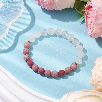 8mm Round Natural Quartz Crystal & Rhodochrosite Beaded Stretch Bracelets for Women BJEW-JB10700-1