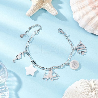 3Pcs Ocean Theme 304 Stainless Steel Charm Bracelets BJEW-JB12218-1