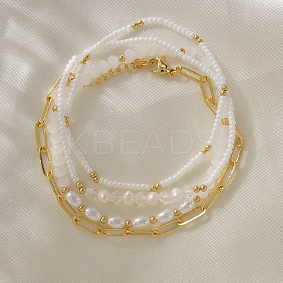 4Pcs 4 Styles Fashion Plastic Imitation Pearl & Natural Freshwater Pearl & Glass Beaded Stretch Bracelets SF7008-1-1