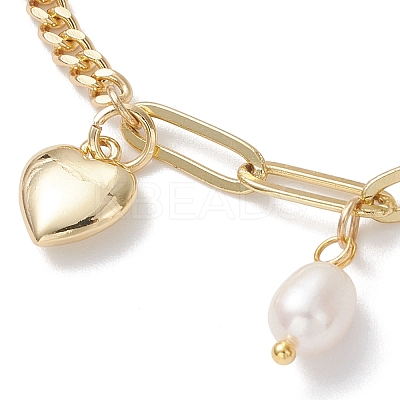 Heart Brass & Natural Cultured Freshwater Pearl Charms Bracelets BJEW-JB12923-1