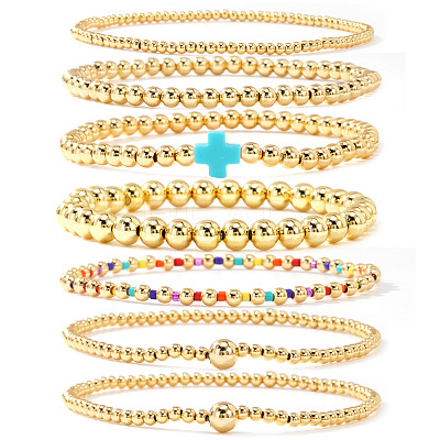 7Pcs Brass Round Beaded Bracelets for Women SB9067-11-1