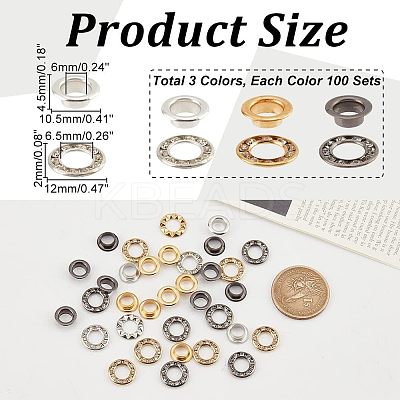 300 Sets 3 Colors Brass Rhinestone Grommet Eyelet Findings DIY-NB0007-68-1