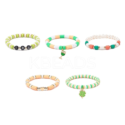 Saint Patrick's Day Freshwater Pearl & Handmade Polymer Clay Heishi Stretch Bracelets Sets BJEW-JB08768-1