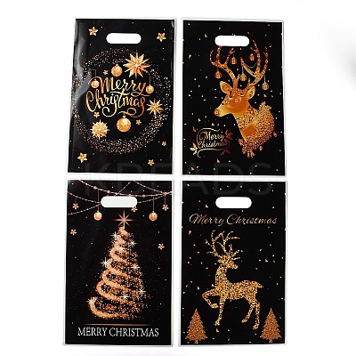 50Pcs 4 Styles Christmas Gold Deer Printed OPP Cellophane Packaging Bags with Die Hole Handles ABAG-C013-08-1