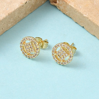 Round Brass Micro Pave Clear Cubic Zirconia Stud Earrings EJEW-Z144-02G-1