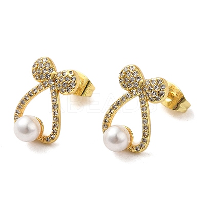 Bowknot Brass Micro Pave Clear Cubic Zirconia Stud Earrings EJEW-A040-01G-1