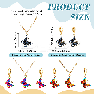 3 Colors Butterfly Alloy Enamel Pendant Necklace & Hoop Earring Sets SJEW-HY0001-03-1
