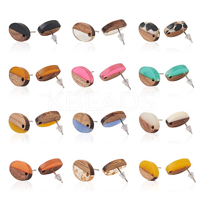 12Pairs 12 Colors Opaque Resin & Walnut Wood Stud Earring Findings MAK-CD0001-05-1