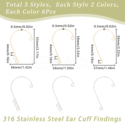 36Pcs 6 Styles 316 Stainless Steel Ear Cuff Findings STAS-SC0008-40-1