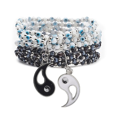 2Pcs 2 Color Lampwork Evil Eye & Glass Stretch Multi-strand Bracelets Set BJEW-JB08785-1