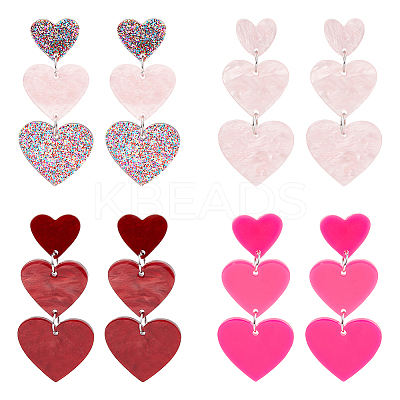 4 Pairs 4 Style Acrylic Heart Dangle Stud Earrings with 304 Stainless Steel Pins for Women EJEW-AN0004-82-1