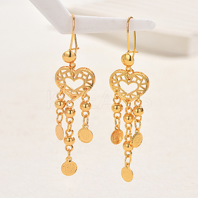 Fashionable and Elegant Gold Plated Brass Coin Heart Tassel Dangle Earrings for Women CC4294-1