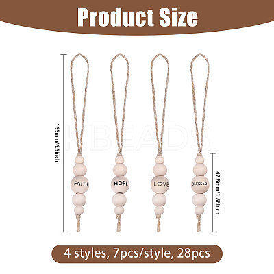 28Pcs 4 Styles Christmas Theme Wood Round Beaded with Word Pendant Decorations with Jute Cord HJEW-CA00079-1