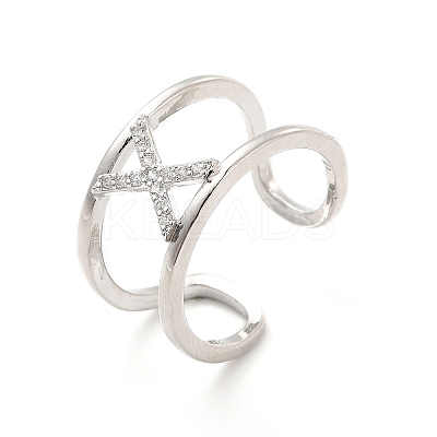 Clear Cubic Zirconia Initial Letter Open Cuff Ring RJEW-A012-01P-X-1