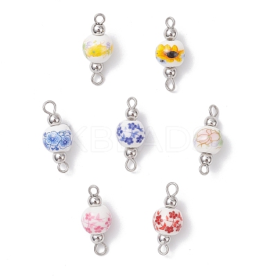 Handmade Flower Printed Porcelain Ceramic Round Links Connector Charms PALLOY-JF04451-01-1