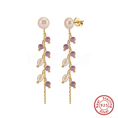 Natural Lepidolite & Natural Freshwater Pearl & 925 Sterling Silver Leaf Dangle Stud Earrings for Women EJEW-G412-02G-1