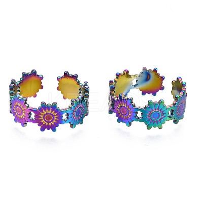 304 Stainless Steel Flower Wrapped Cuff Ring RJEW-N038-067-1