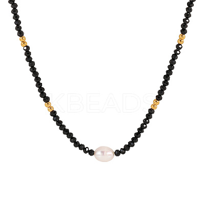 Natural Black Spinel Faceted Rondelle and Freshwater Pearl Beaded Necklaces AF5401-1