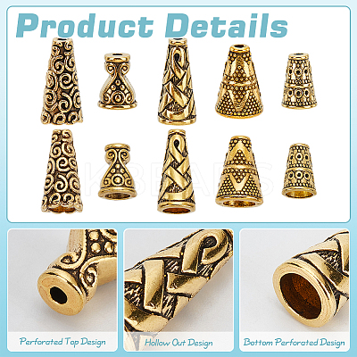 80Pcs 5 Colors Tibetan Style Cone Alloy Bead Caps TIBE-PH0002-30AG-1