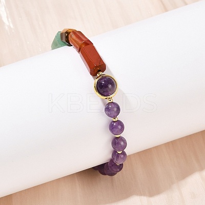 Natural Amethyst & Natural Mixed Stone & Brass Round & Prism Beaded Bracelets for Women BJEW-G752-01G-02-1